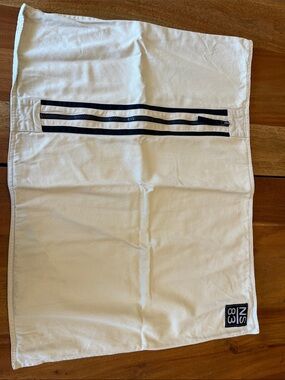 2 Nautica Tan Pillow Shams with Navy Triple Stripe and 1 Throw Pillow